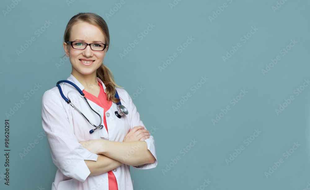 Medical doctor woman with tethoscope white lab coat and glasses Medical doctor woman with tethoscope white lab coat and glasses