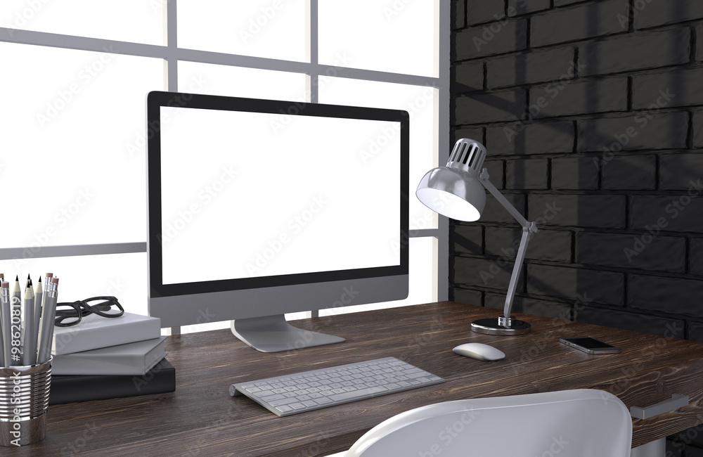 Fototapeta premium 3D illustration PC screen on table in office, Workspace