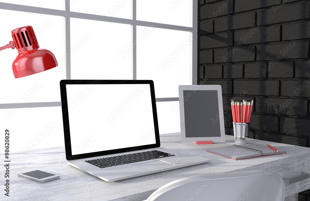 3D illustration laptop and work stuff on table near brick wall, Workspace 3D illustration laptop and work stuff on table near brick wall, Workspace