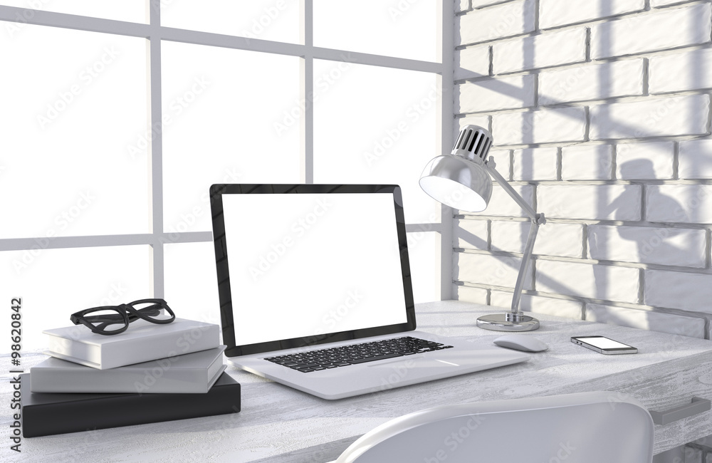 3D illustration laptop and work stuff on table near brick wall, Workspace 3D illustration laptop and work stuff on table near brick wall, Workspace