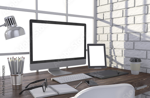 3D illustration PC screen on table in office, Workspace