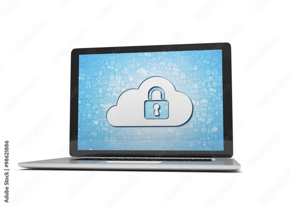 3d rendering of a laptop with cloud security concept 3d rendering of a laptop with cloud security concept