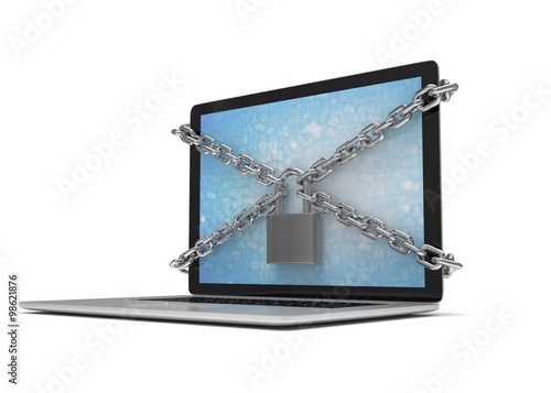 3d illustration computer security. laptop locked with chains and padlock