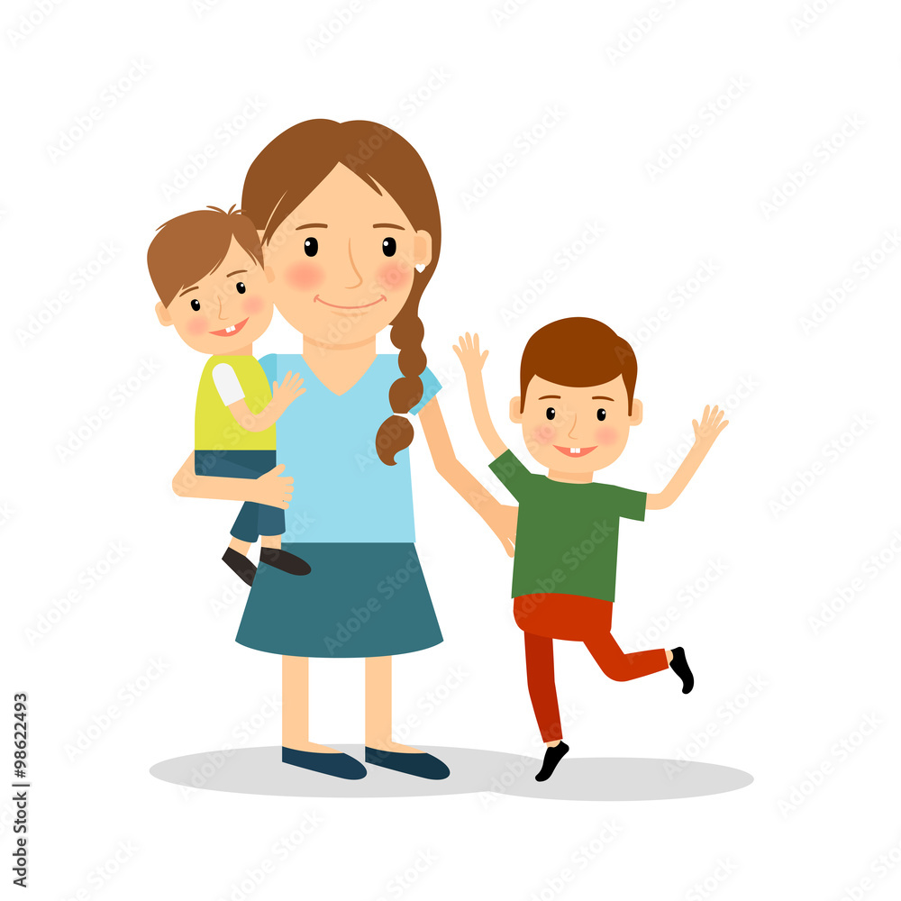 Mother with children. Young woman and two boys Mother with children. Young woman and two boys