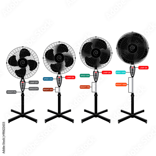 electric fan set for infographics and design. different speed rotation and height of the fan. isolation. vector illustration