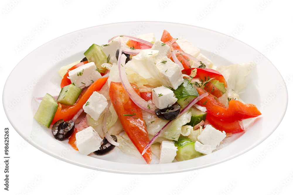 Greek salad. Olives, cheese and vegetables: pepper, cucumber, onion, cabbage on a white plate on a white background Greek salad. Olives, cheese and vegetables: pepper, cucumber, onion, cabbage on a white plate on a white background