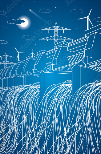 Hydro power plant, neon lines station, vector lines design