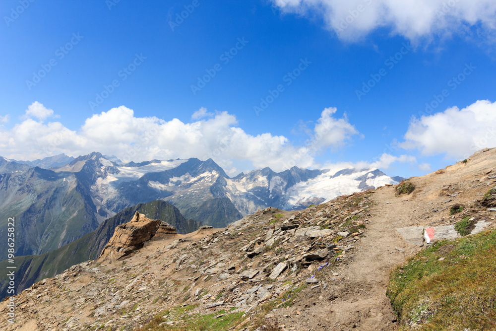Mountain glacier panorama and footpath in the Hohe Tauern Alps, Austria