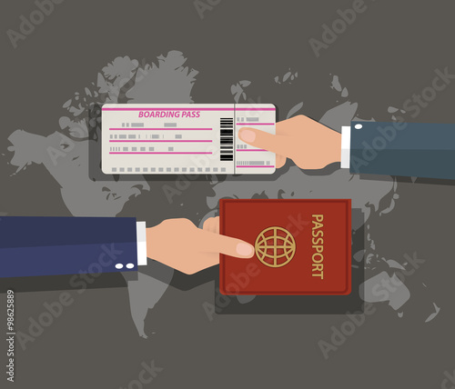 passport with boarding pass on world map