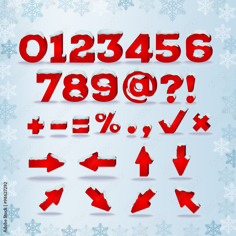 Winter alphabet with snow cap effect. Part 2. Numbers, symbols and arrows. EPS 10 vector illustration, transparent shadow Winter alphabet with snow cap effect. Part 2. Numbers, symbols and arrows. EPS 10 vector illustration, transparent shadow