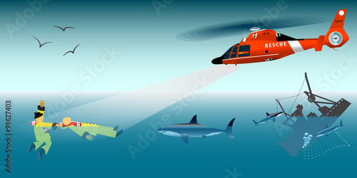 Vector illustration. Red rescue helicopter and fishermen at sea. The collapse of the sea. A sinking ship. Shark. Fishing net. Rescue at sea.