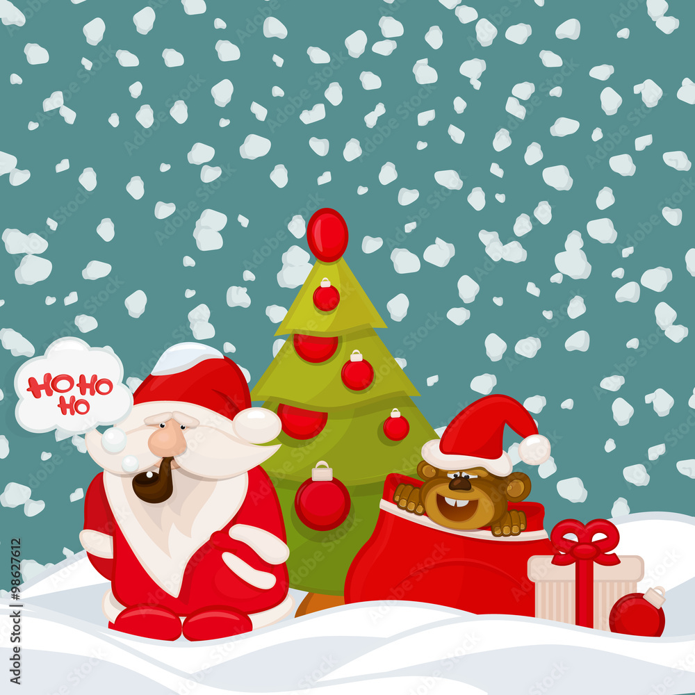 Cute Santa ,monkey in bag and christmas tree invintation card.