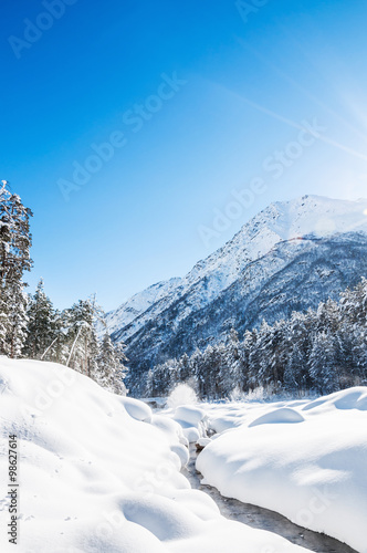 Winter forest and mountain river at sunny day. © smallredgirl