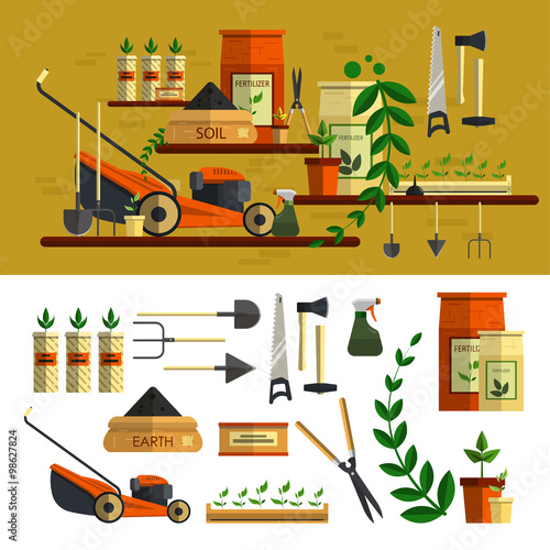 Gardening tools illustration. Vector icon set flat design. Work in garden concept. Lawn mower, soil, tools