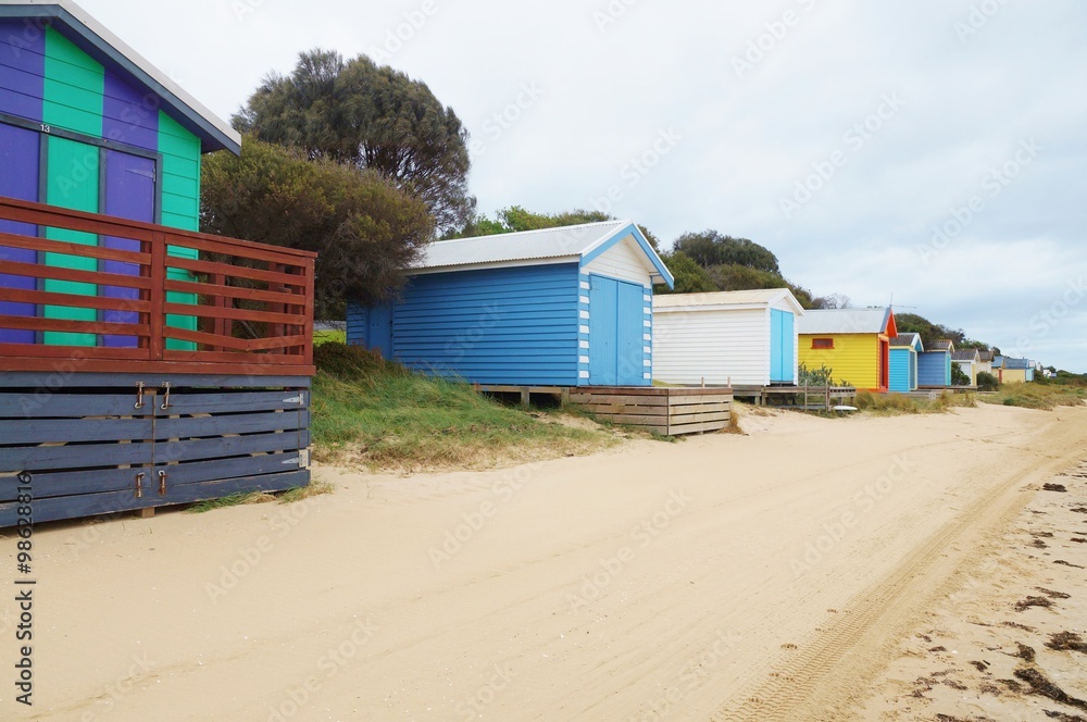 Colorful beach cabins in the Mornington Peninsula near Melbourne in Australia