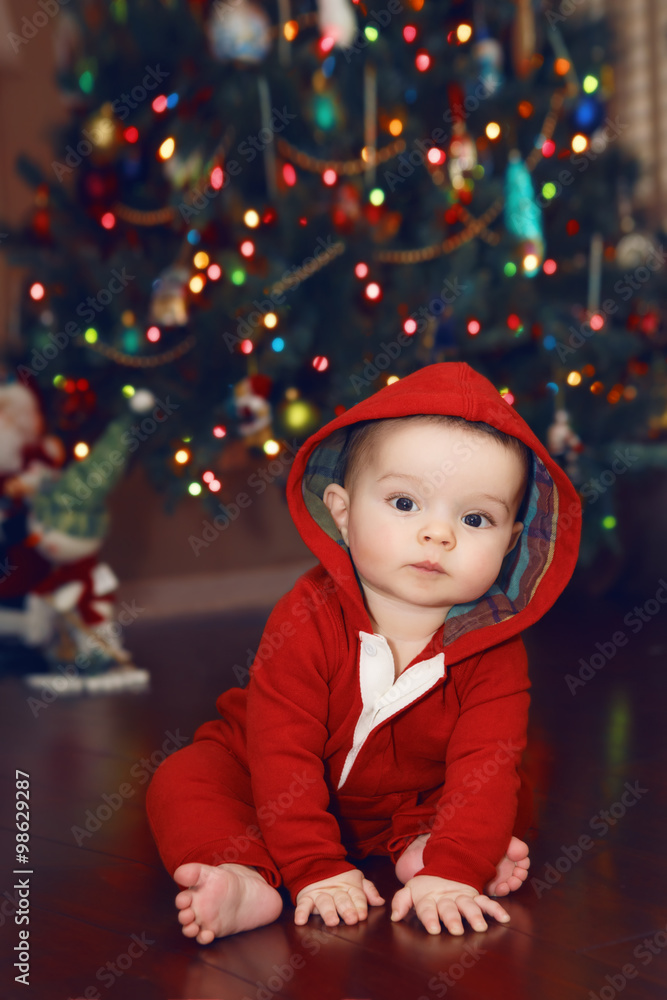 Cute adorable Caucasian baby infant with dark black eyes in red costume hoodie sitting by New Year Tree looking directly in camera. Happy holidays. Winter holidays. Baby first Christmas. Cute adorable Caucasian baby infant with dark black eyes in red costume hoodie sitting by New Year Tree looking directly in camera. Happy holidays. Winter holidays. Baby first Christmas.