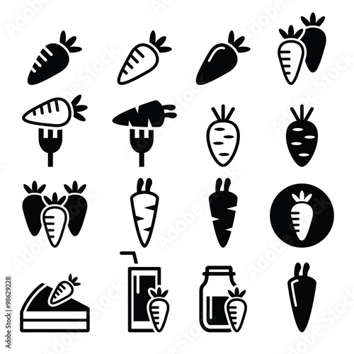 Carrot, carrot meals - cake, juice vector icons set 