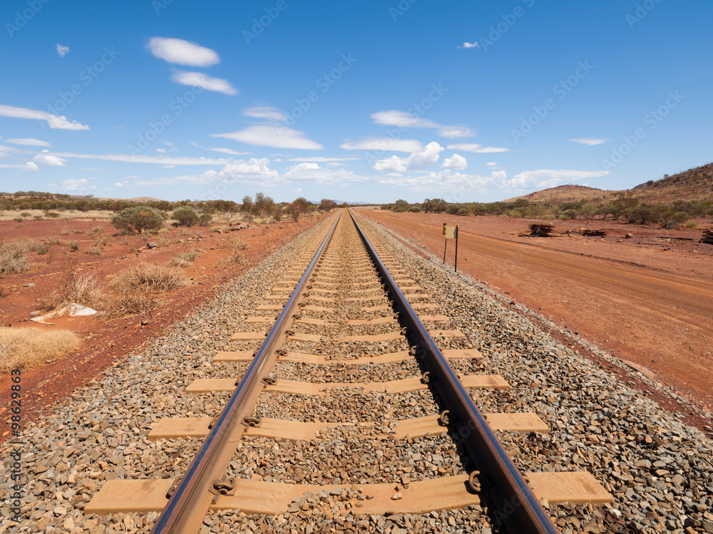 Australia, Northern territory, 05/21/2014, Outback railroad crossing disappearing into the horizon. Australia, Northern territory, 05/21/2014, Outback railroad crossing disappearing into the horizon.