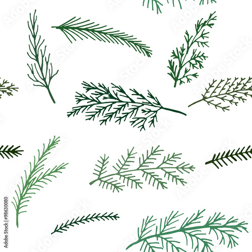 seamless  New Year and winter pattern  background spruce twigs on a white background