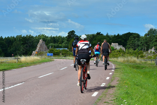 group of cyclists going on the road in the countryside