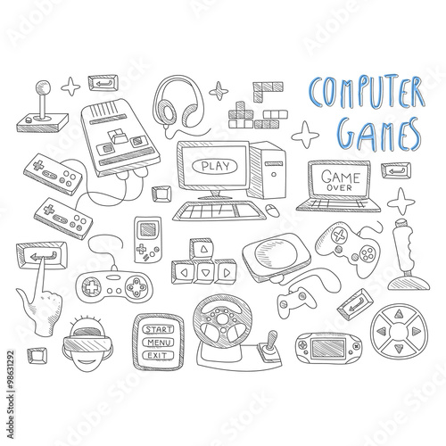 Computer games doodles icon set vector 