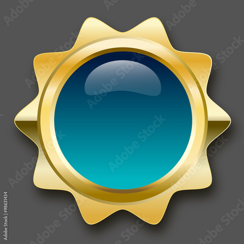 Blank seal or icon with copy space. Glossy golden seal or button with turquoise color.