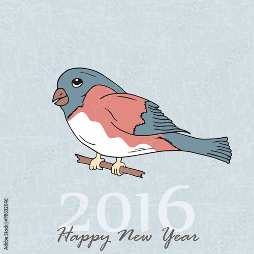 Retro Vintage Merry Christmas Greeting Card with bullfinch Typography