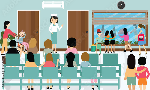 busy hospital corridor activities nurse patient in queue waiting doctor