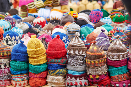 Selection of woolen hats on a traditional Moroccan market