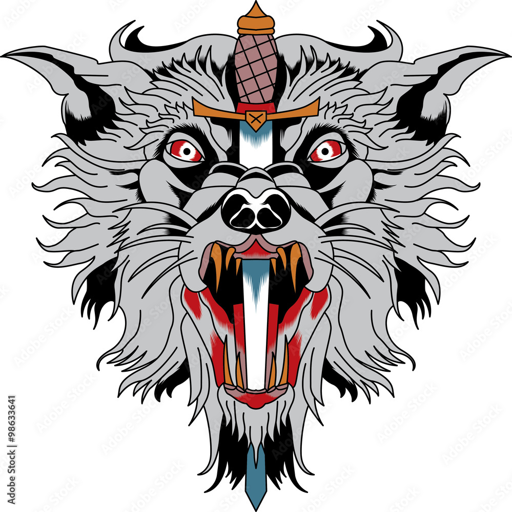 wolf head with knife, vector tattoo