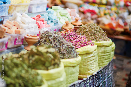 Herbs and dry flowers on a traditional Moroccan market