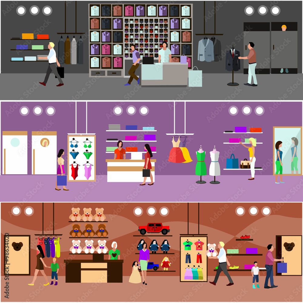 People shopping in a mall concept. Store Interior. Colorful vector illustration. Design elements and banners flat style