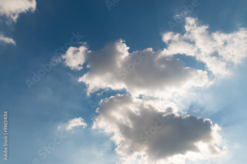 Closeup of the blue sky with sun behind the clouds 2