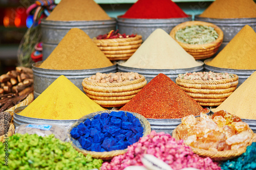 Selection of spices on a traditional Moroccan market in Marrakech  Morocco