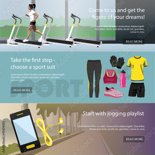 Fitness horizontal banners set. Sport equipment and accessories. Training vector illustration. Female running on treadmill