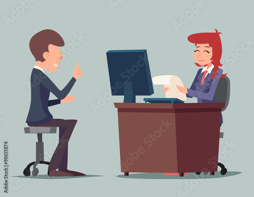 Task Conversation Job Interview Businessman at Desk Working on Computer Cartoon Characters Icon Stylish Background Retro Design Vector Illustration