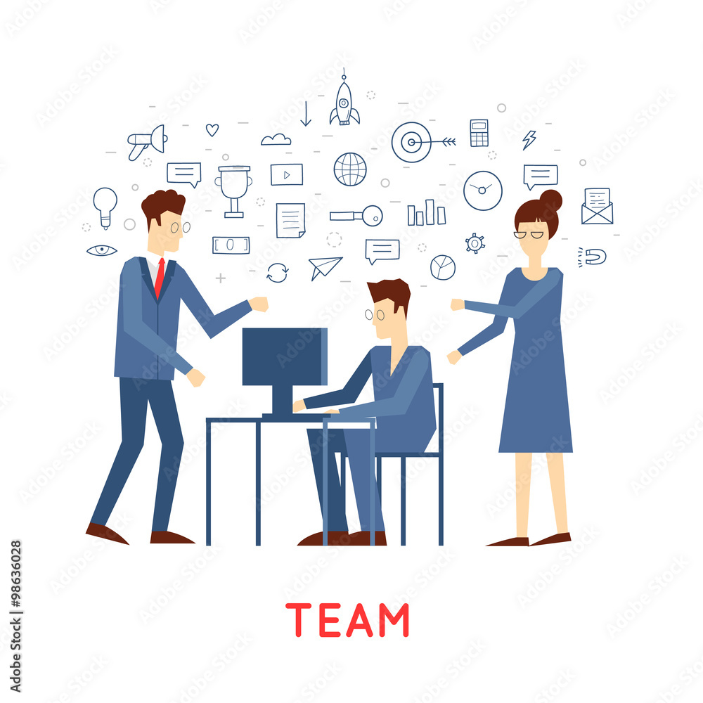 Doodle team is working on new ideas start up, business plan, brainstorm. Flat design. Doodle team is working on new ideas start up, business plan, brainstorm. Flat design.