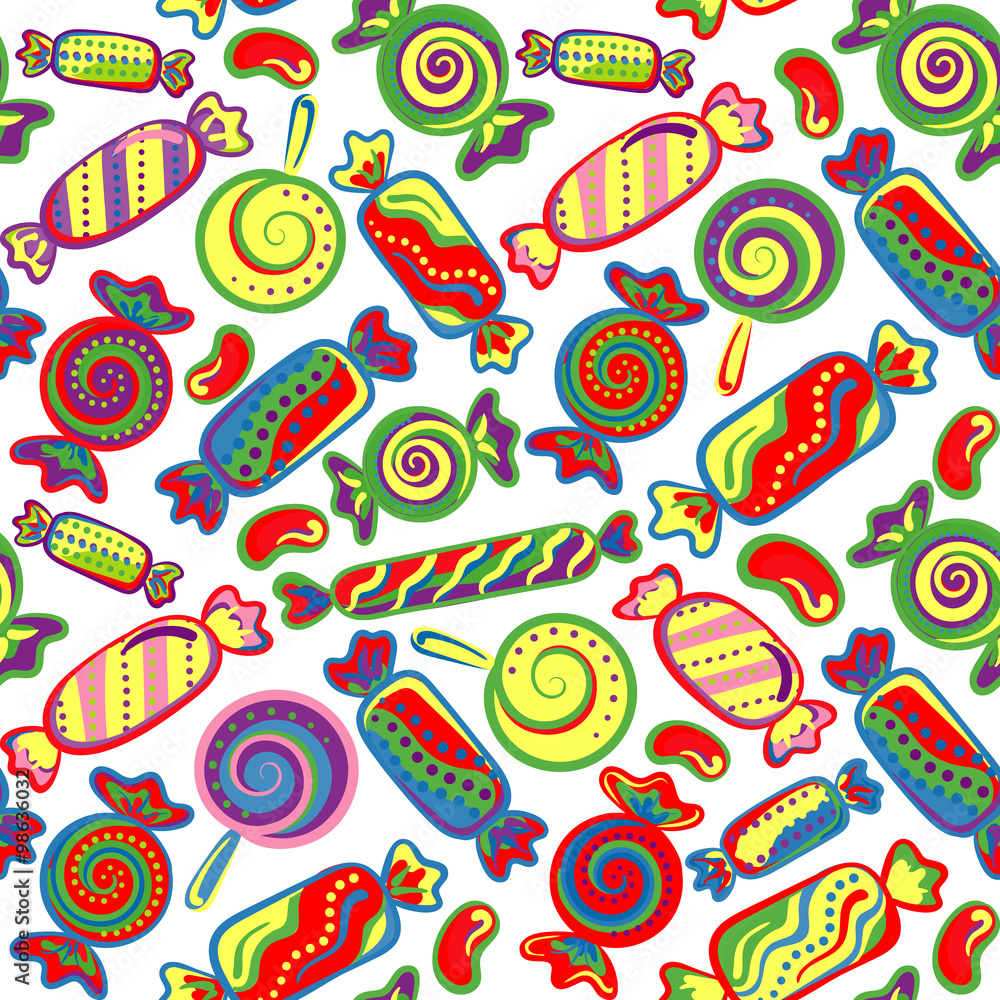 Naklejka premium Cute seamless pattern with colorful sweets. Seamless different sweets pattern. Assorted candies background.