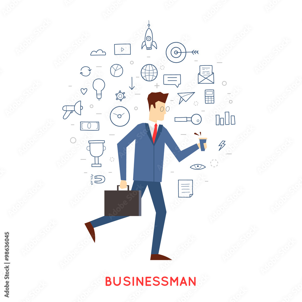 Doodle Businessman hurry to work around the icon. Flat design. Doodle Businessman hurry to work around the icon. Flat design.