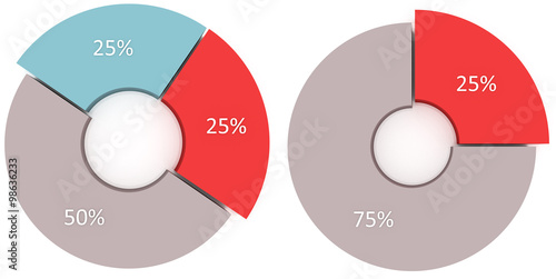 25%, 50% red, blue and grey diagrams isolated