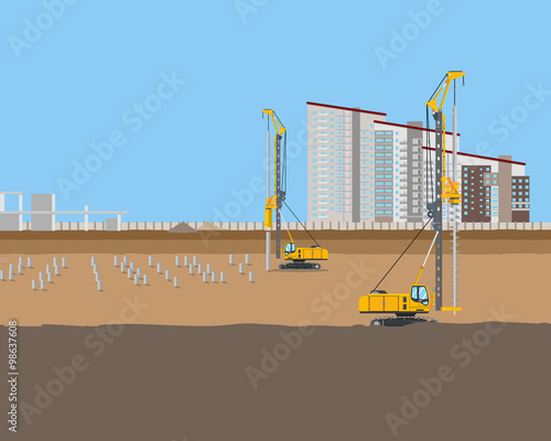 Piling machines installed piles at a construction site for a new home. Vector illustration
