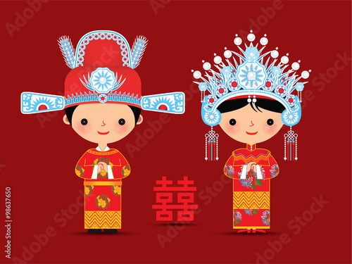Chinese bride and groom cartoon wedding