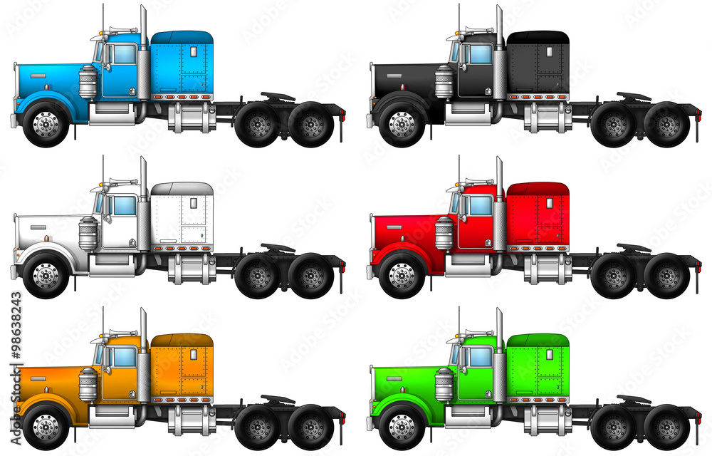 Image of truck kenworth w900. Six trucks of different colors on a white ...