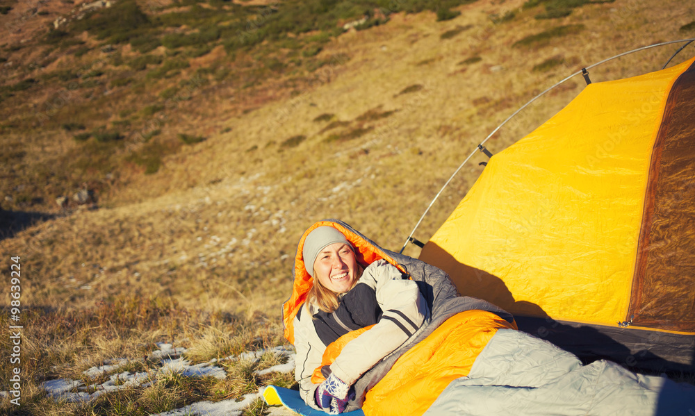 Fototapeta premium Girl in a sleeping bag.