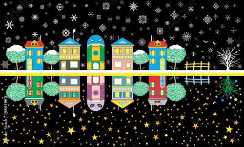 Funny cartoon city - Illustration, 
Fantasy funny winter town, 
Cartoon funny summer town, 
City illustration, 
Cartoon town in summer and winter
