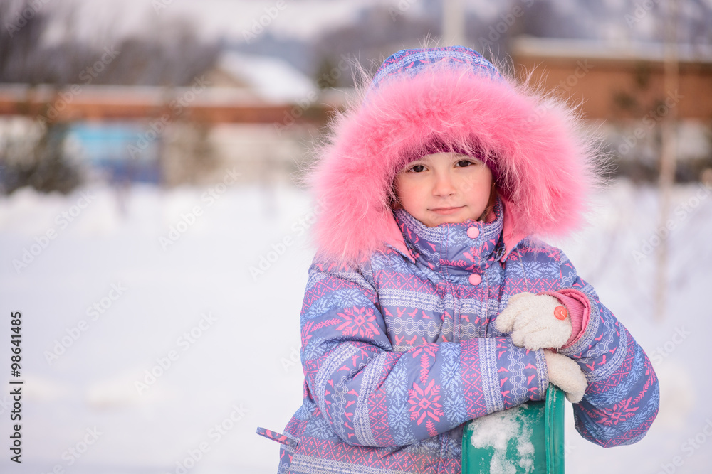 Portrait of little girl with a sledge