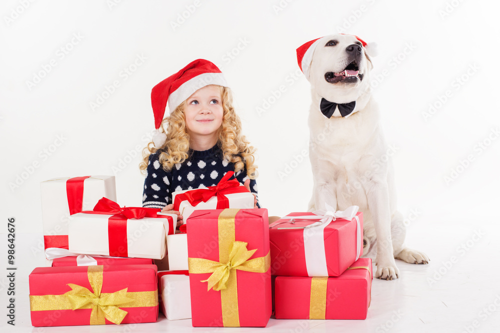 Pretty blonde girl with dog are sitting in studio Pretty blonde girl with dog are sitting in studio