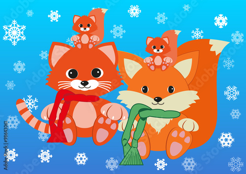 Cat, foxy and their children wearing scarfs greet new year holding together. Design concept of family, friendship, new year and joy of seeing your dears . Vector isolated on gradient blue background.