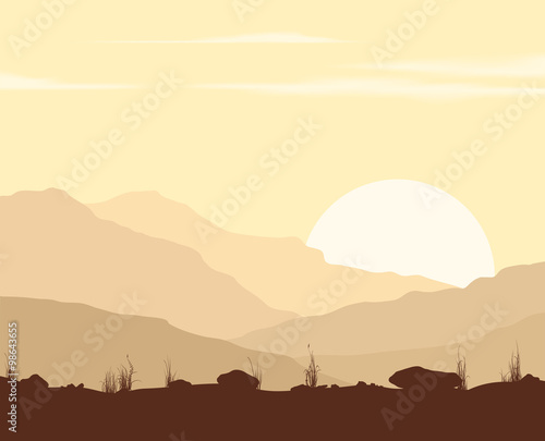Landscape with sunset in mountains.