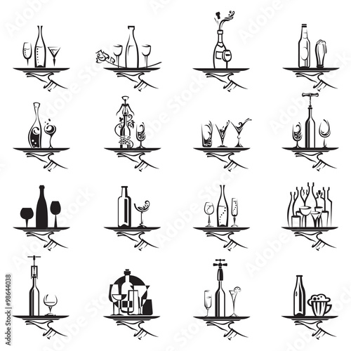 restaurant icons set with tray of drink in hand